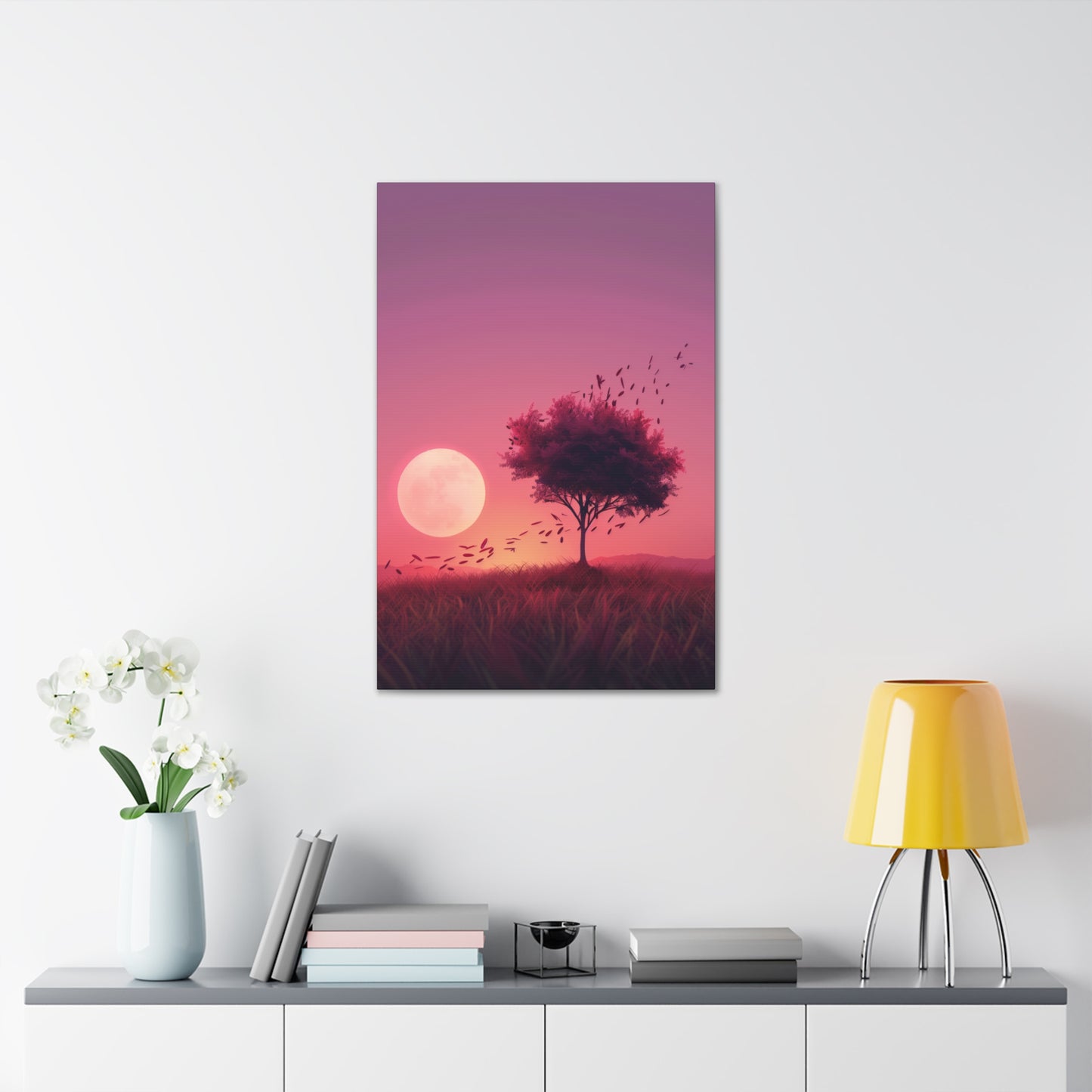 Tree in a Purple Sunset Digital Illustration Canvas Gallery Wraps