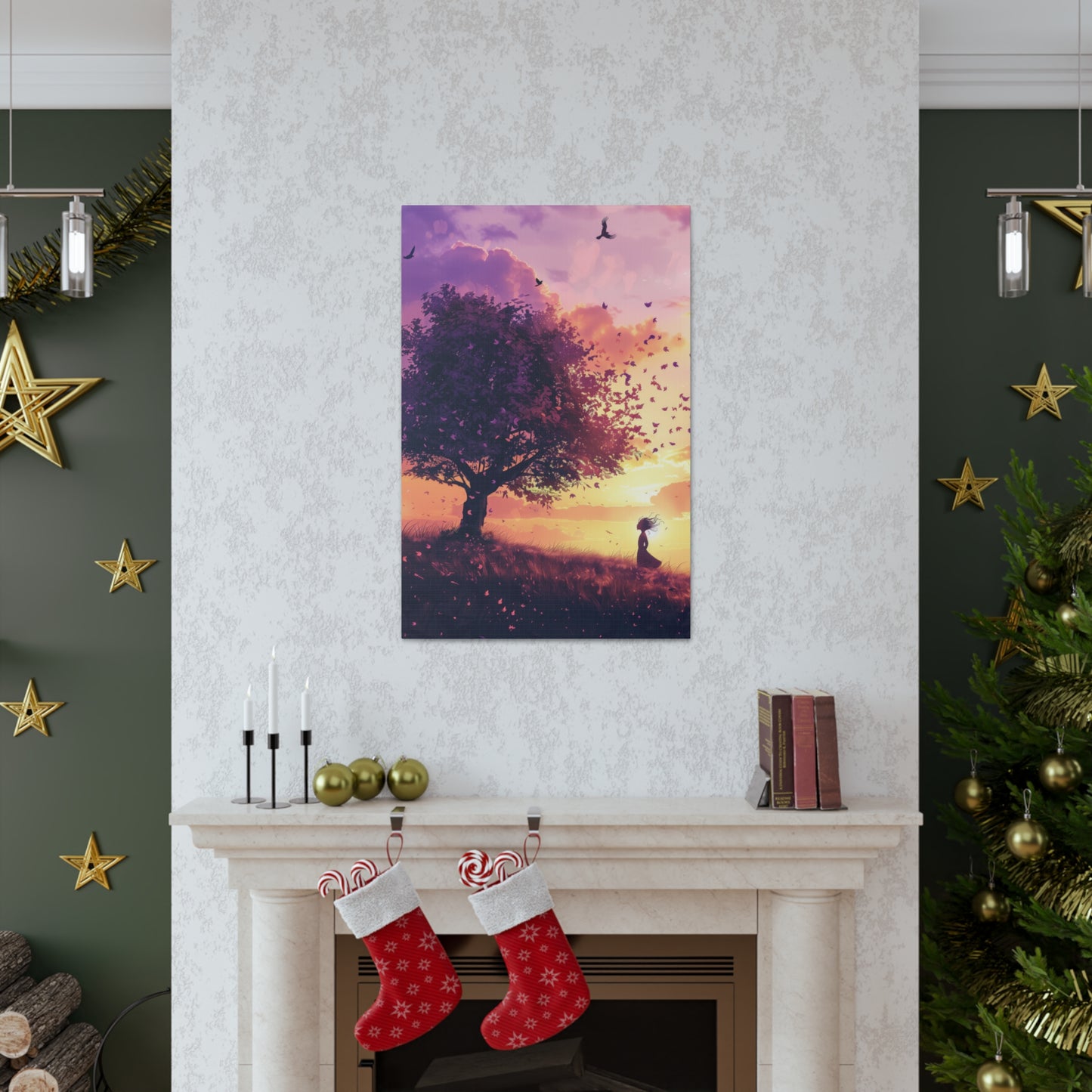 Tree in a Purple Sunset Digital Illustration Canvas Gallery Wraps