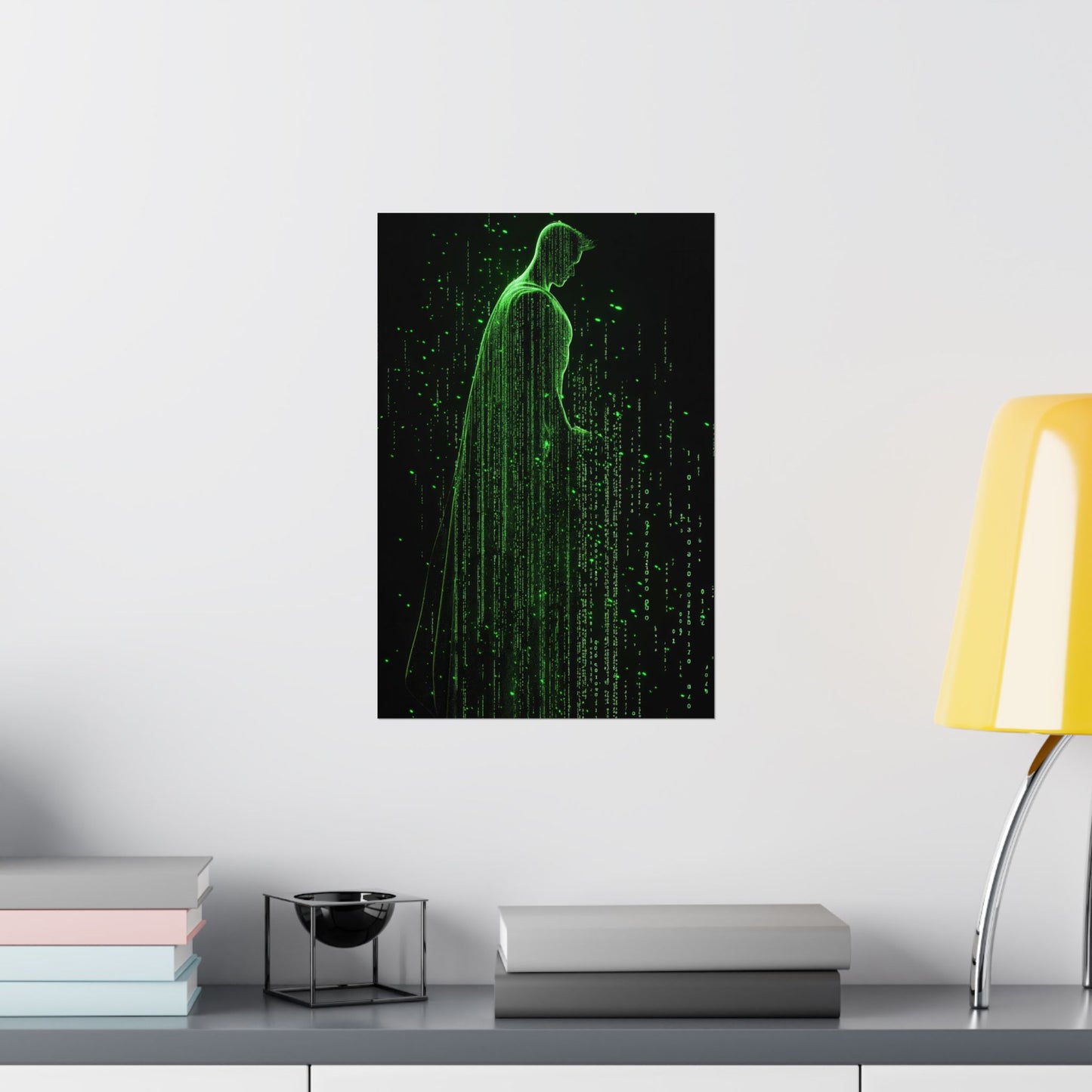 Neon Code Guardian: 3D Glitch Superman Matrix Effect - Digital Illustration Matte Vertical Poster