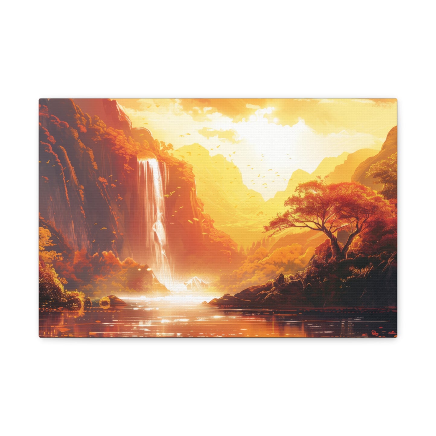 Dreamy Landscape Sunset with Waterfall and Mountains - Digital Illustration Canvas Gallery Wraps