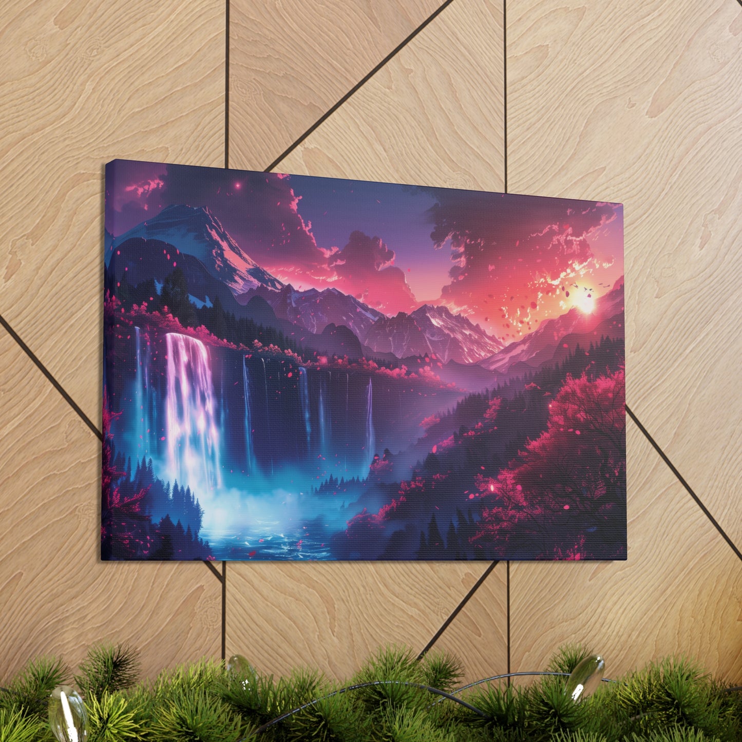 Dreamy Landscape Sunset with Waterfall and Mountains - Digital Illustration Canvas Gallery Wraps