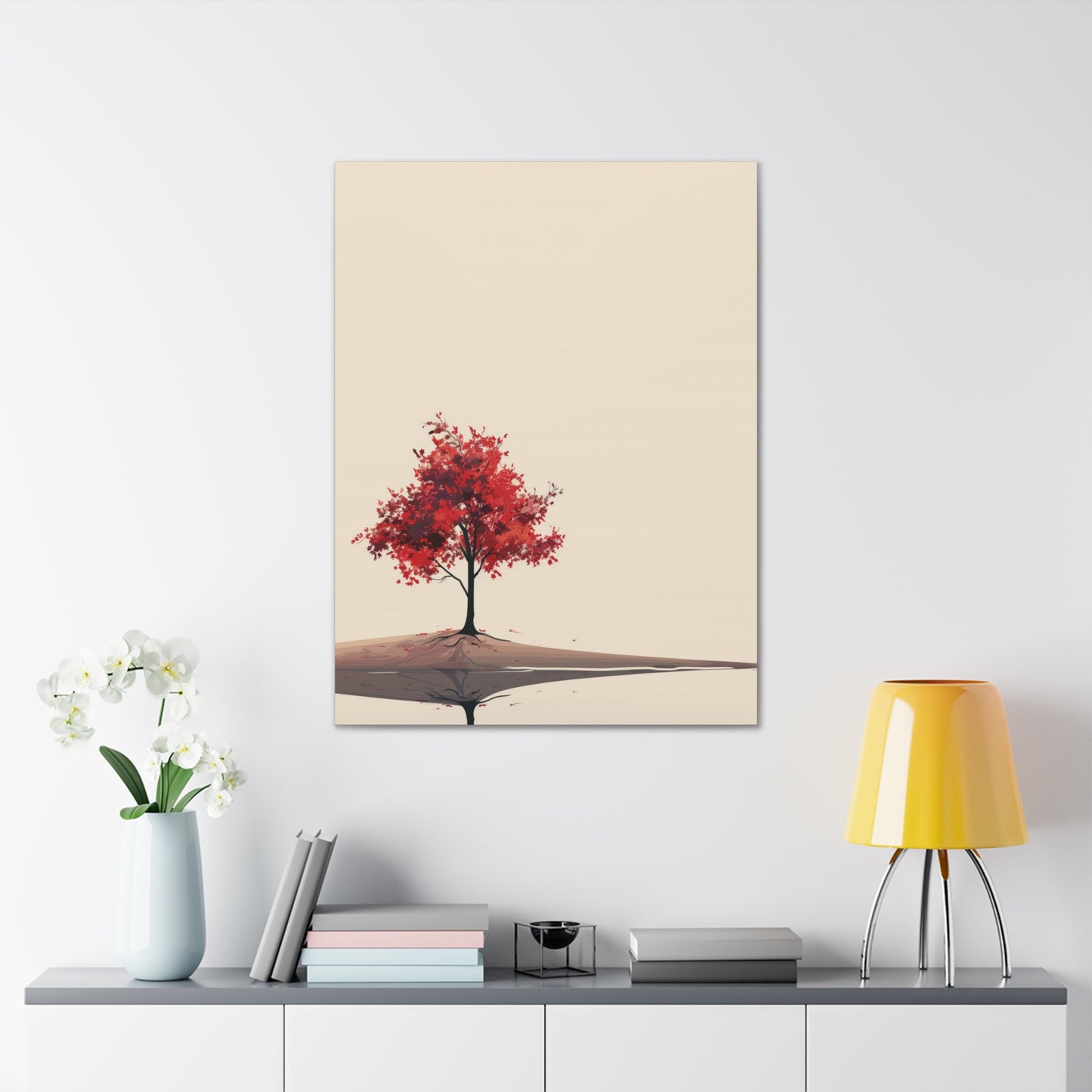 Lone Tree with Red Leaves - Portrait Illustration Canvas Gallery Wraps