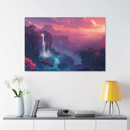 Dreamy Landscape with Waterfall and Mountains - Purple Evening Digital Illustration Canvas Gallery Wraps