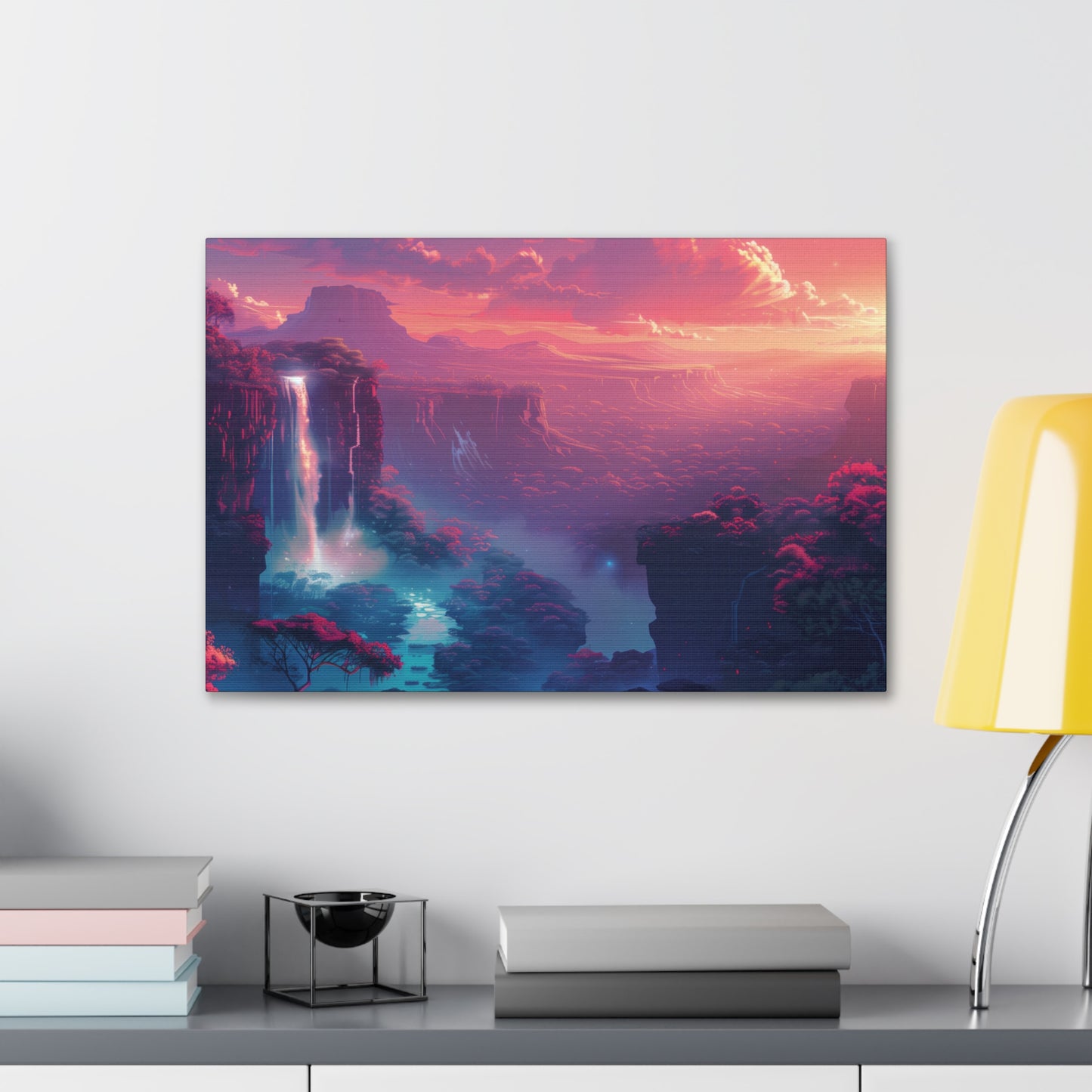 Dreamy Landscape with Waterfall and Mountains - Purple Evening Digital Illustration Canvas Gallery Wraps