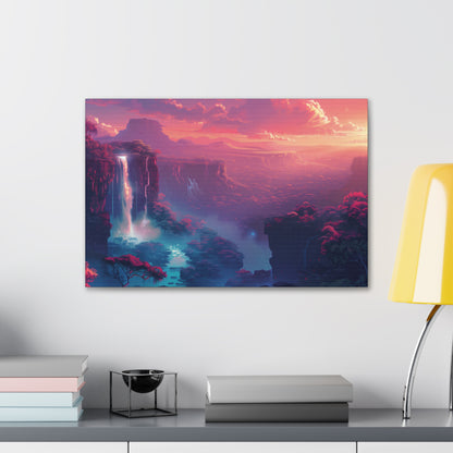 Dreamy Landscape with Waterfall and Mountains - Purple Evening Digital Illustration Canvas Gallery Wraps