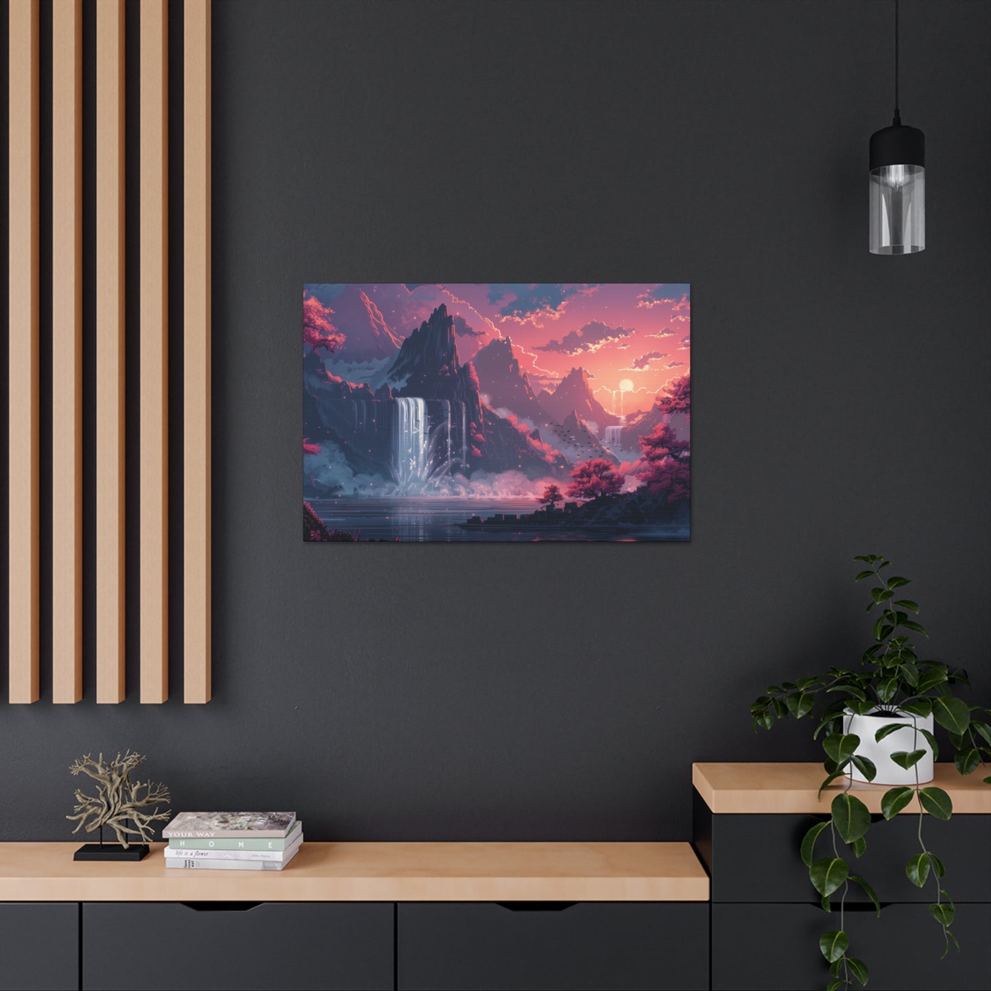 Dreamy Landscape Sunset with Waterfall and Mountains - Digital Illustration Canvas Gallery Wraps