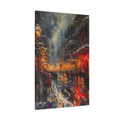 Christmas Street Corner with People in Downtown - Rembrandt Style Digital Oil Painting Canvas Gallery Wraps