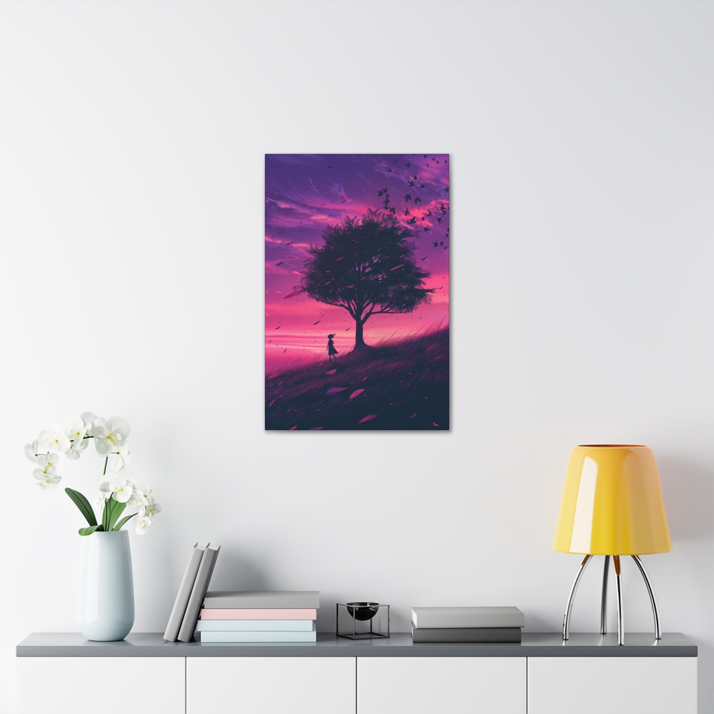 Tree in a Purple Sunset Digital Illustration Canvas Gallery Wraps