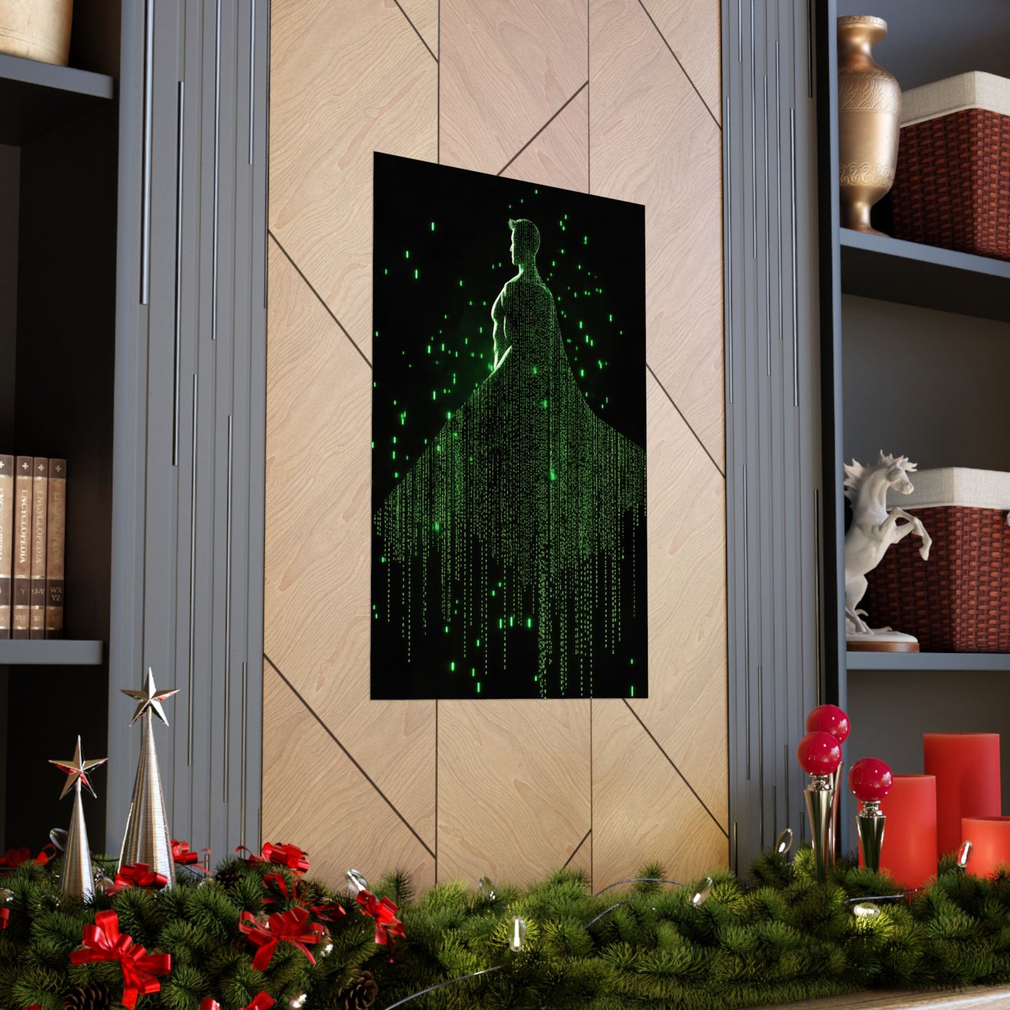 Neon Code Guardian: 3D Glitch Superman Matrix Effect - Digital Illustration Matte Vertical Poster