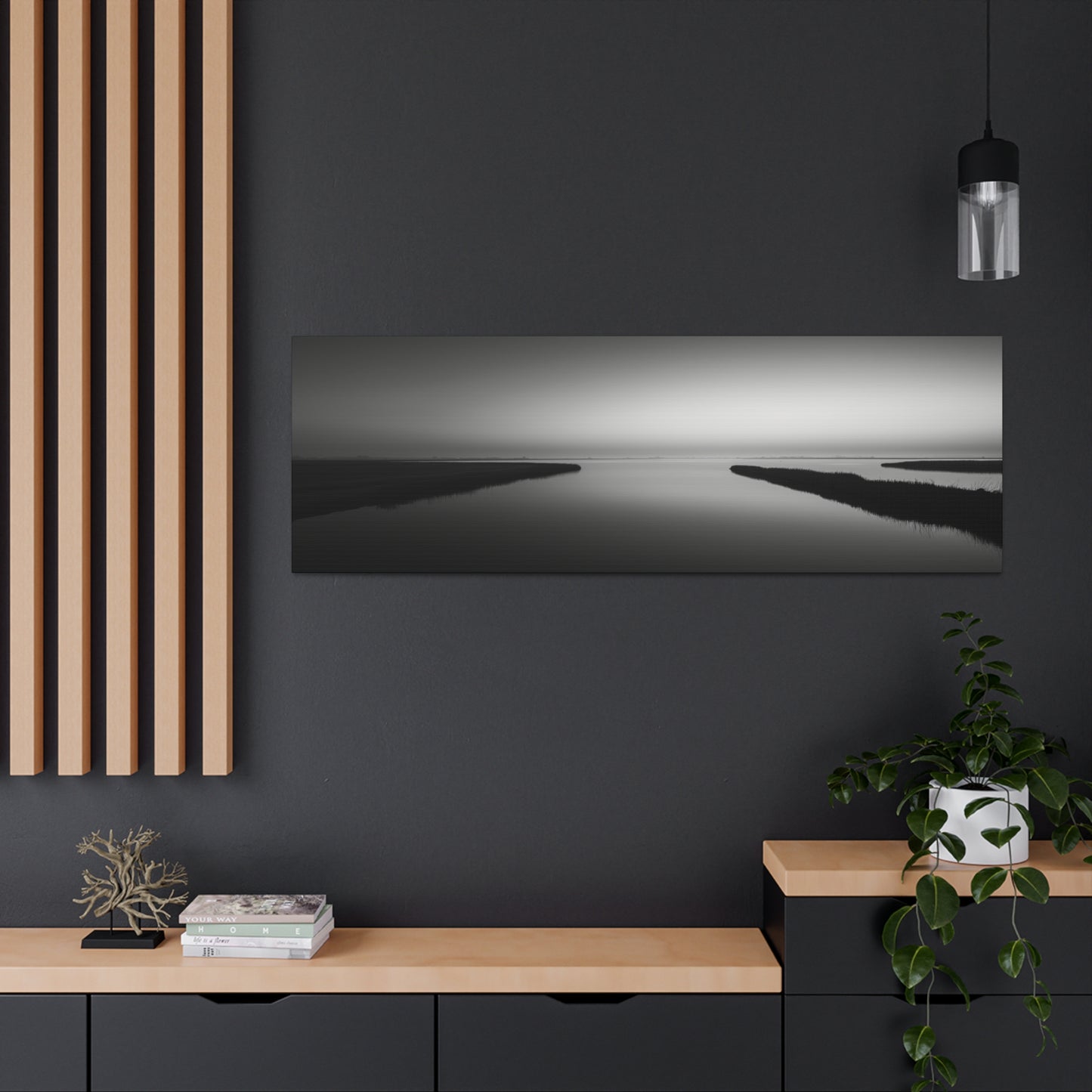 River Delta - Black and White Landscape Panorama Canvas Gallery Wraps