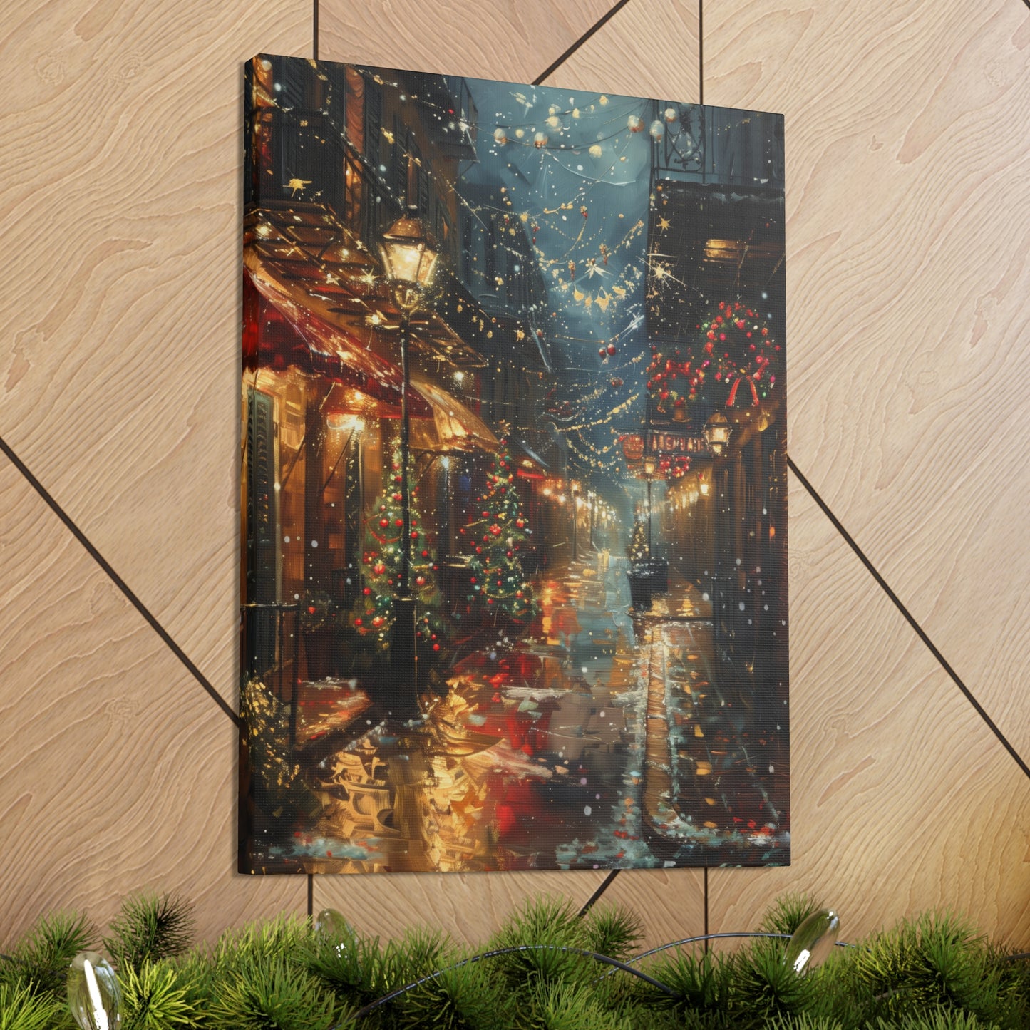 Christmas Time Downtown Street Corner - Rembrandt Style Digital Oil Painting  Canvas Gallery Wraps