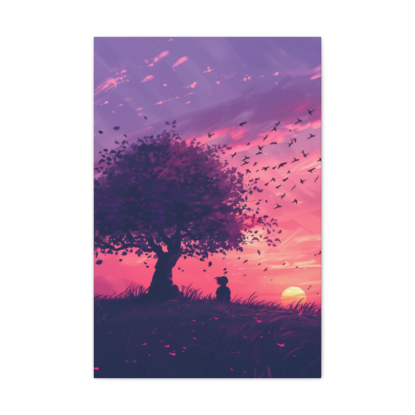 Tree in a Purple Sunset Digital Illustration Canvas Gallery Wraps