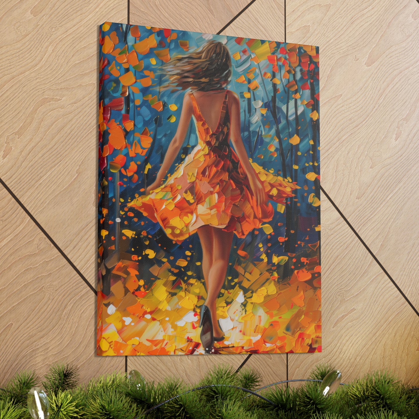 Girl with yellow dress in autumn forest - Leonid Afremov Style Digital Print Canvas Gallery Wraps