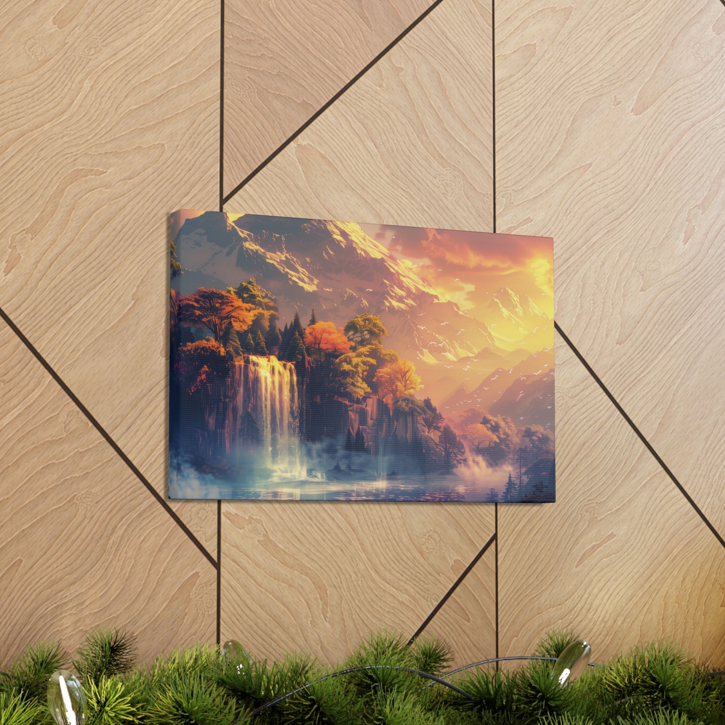 Dreamy Landscape Sunset with Waterfall and Mountains - Digital Illustration Canvas Gallery Wraps