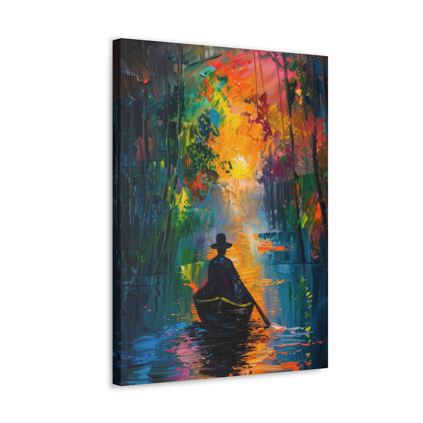 Man Sailing in a Boat in a Autumn Forest River - Claude Monet Style Digital Print Canvas Gallery Wraps