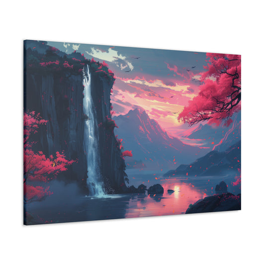 Dreamy Landscape with Waterfall and Mountains - Purple Evening Digital Illustration Canvas Gallery Wraps