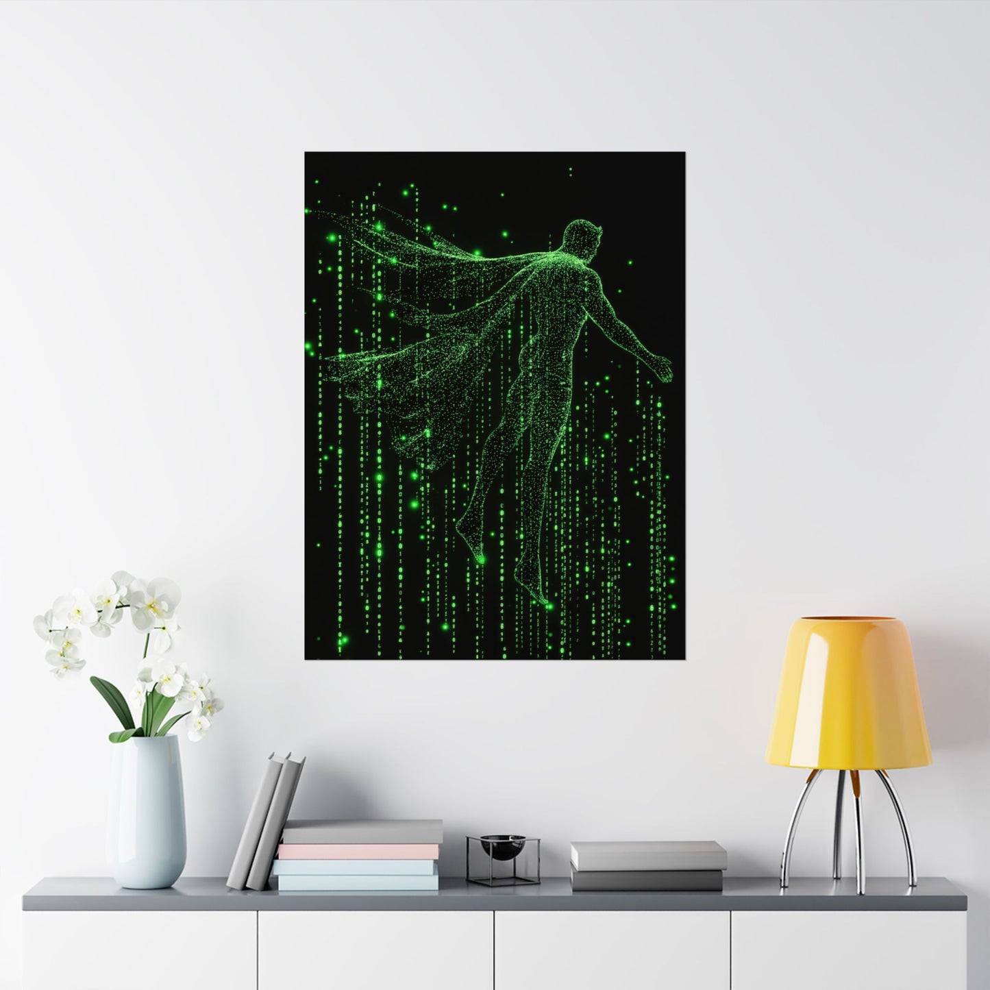 Neon Code Guardian: 3D Glitch Superman Matrix Effect - Digital Illustration Matte Vertical Poster