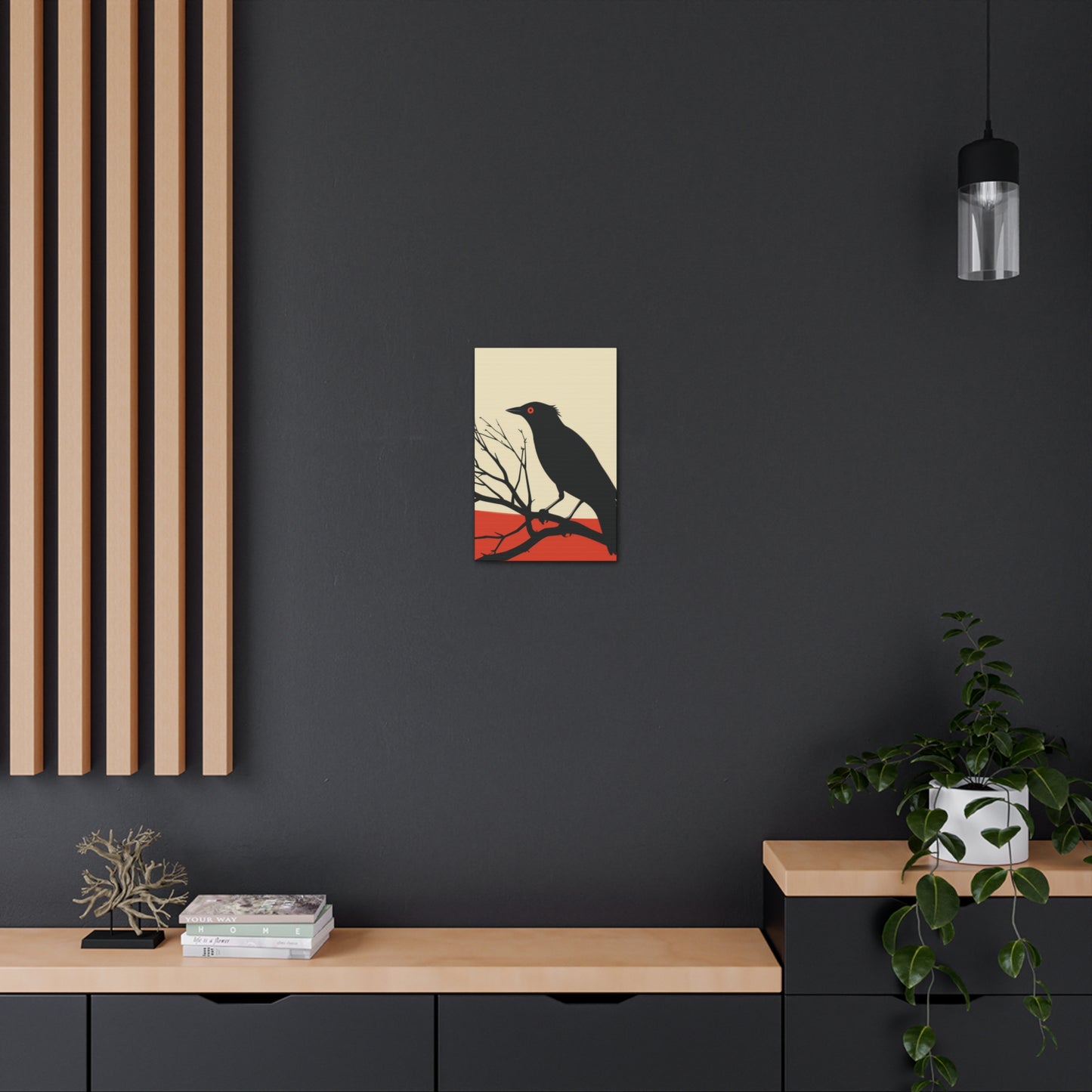 Black Bird Sitting on a Branch Digital Illustration Canvas Gallery Wraps