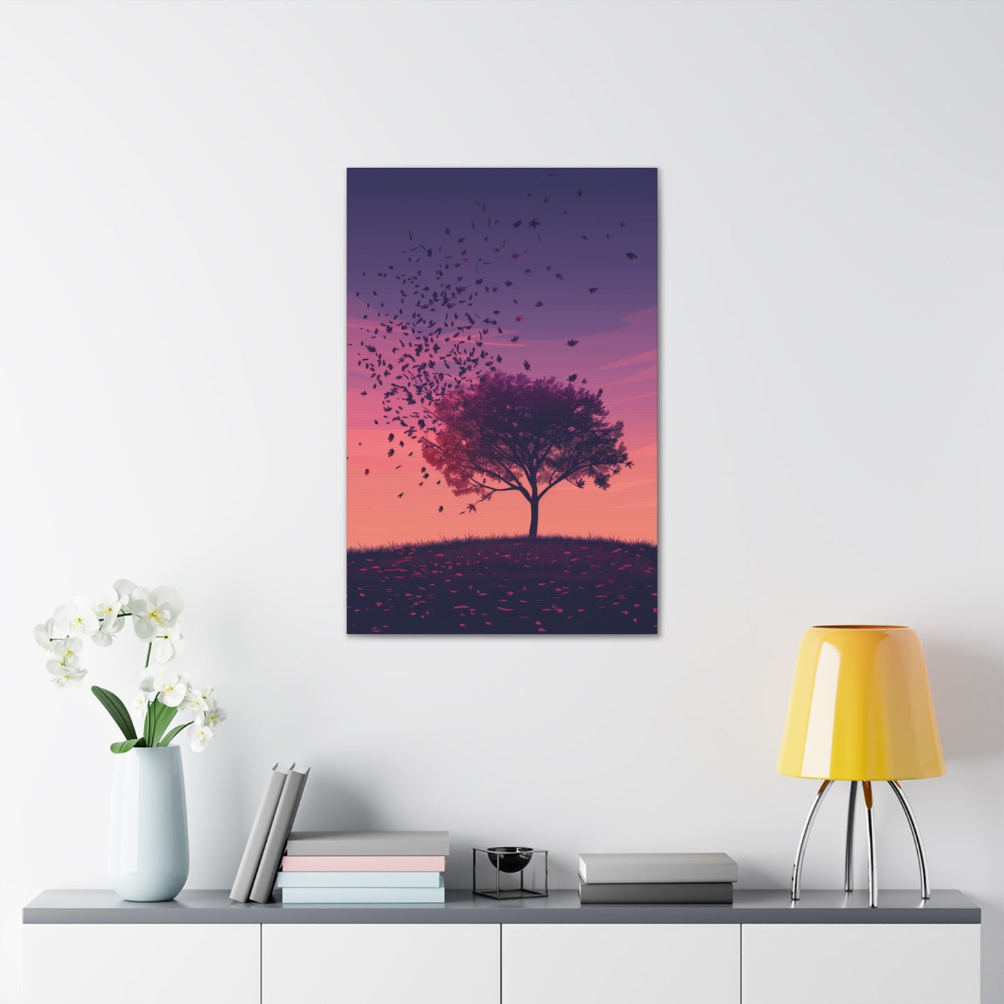 Tree in a Purple Sunset Digital Illustration Canvas Gallery Wraps