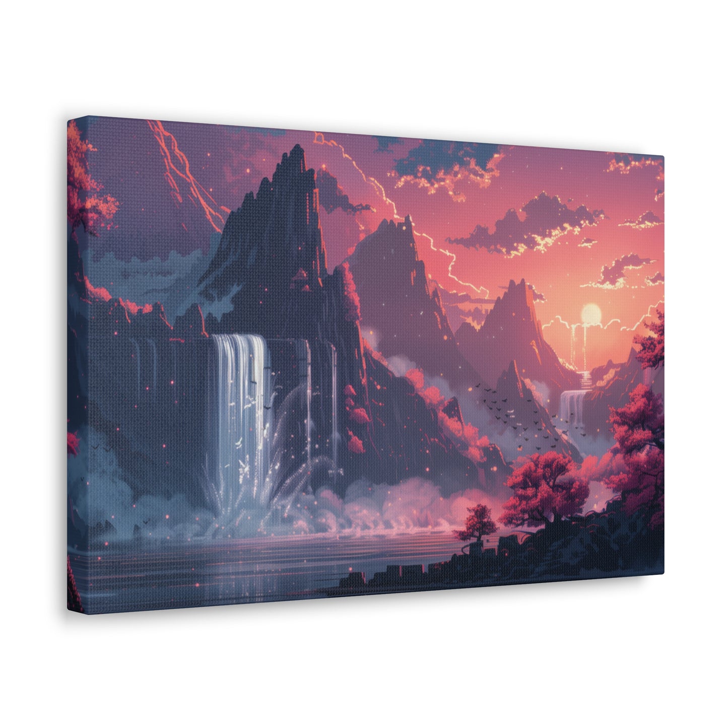 Dreamy Landscape Sunset with Waterfall and Mountains - Digital Illustration Canvas Gallery Wraps