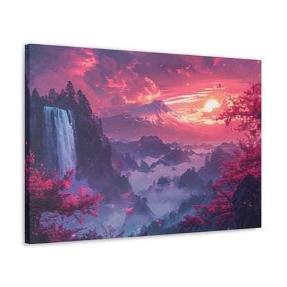 Dreamy Landscape Sunset with Waterfall and Mountains - Digital Illustration Canvas Gallery Wraps