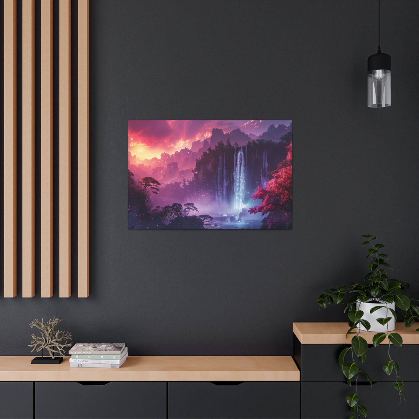 Dreamy Landscape Sunset with Waterfall and Mountains - Digital Illustration Canvas Gallery Wraps