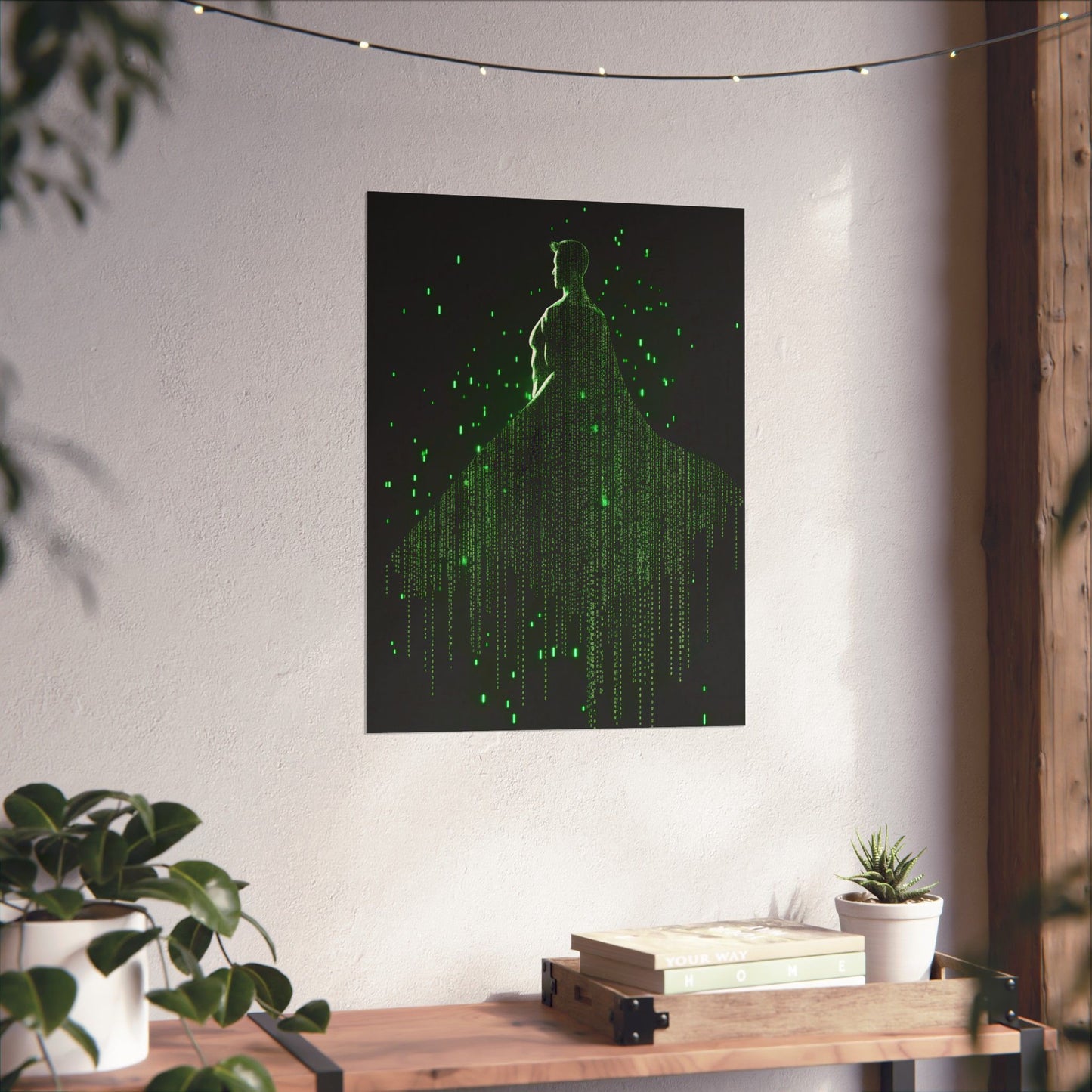 Neon Code Guardian: 3D Glitch Superman Matrix Effect - Digital Illustration Matte Vertical Poster