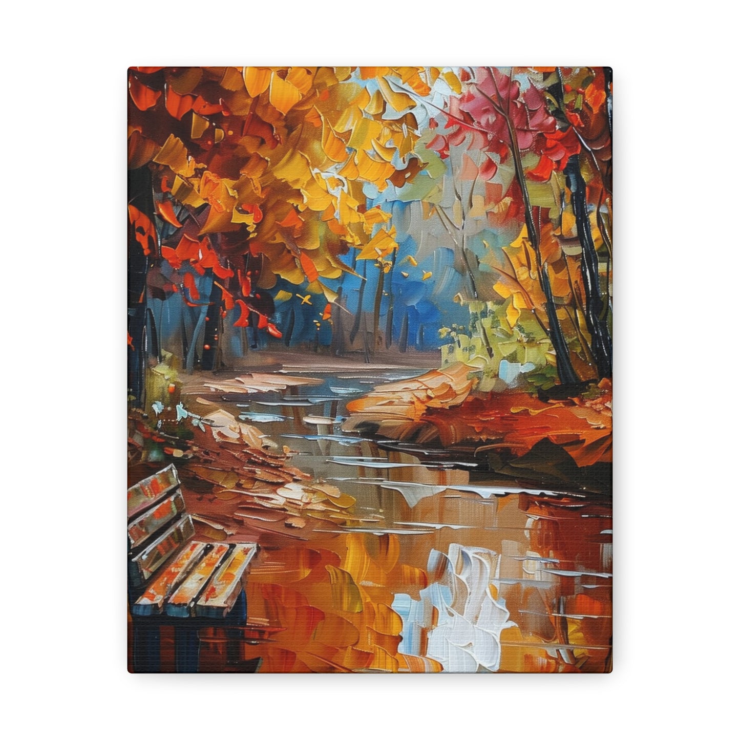 Bench Near Countryside River in Autumn - Leonid Afremov Style Digital Oil Painting Canvas Gallery Wraps