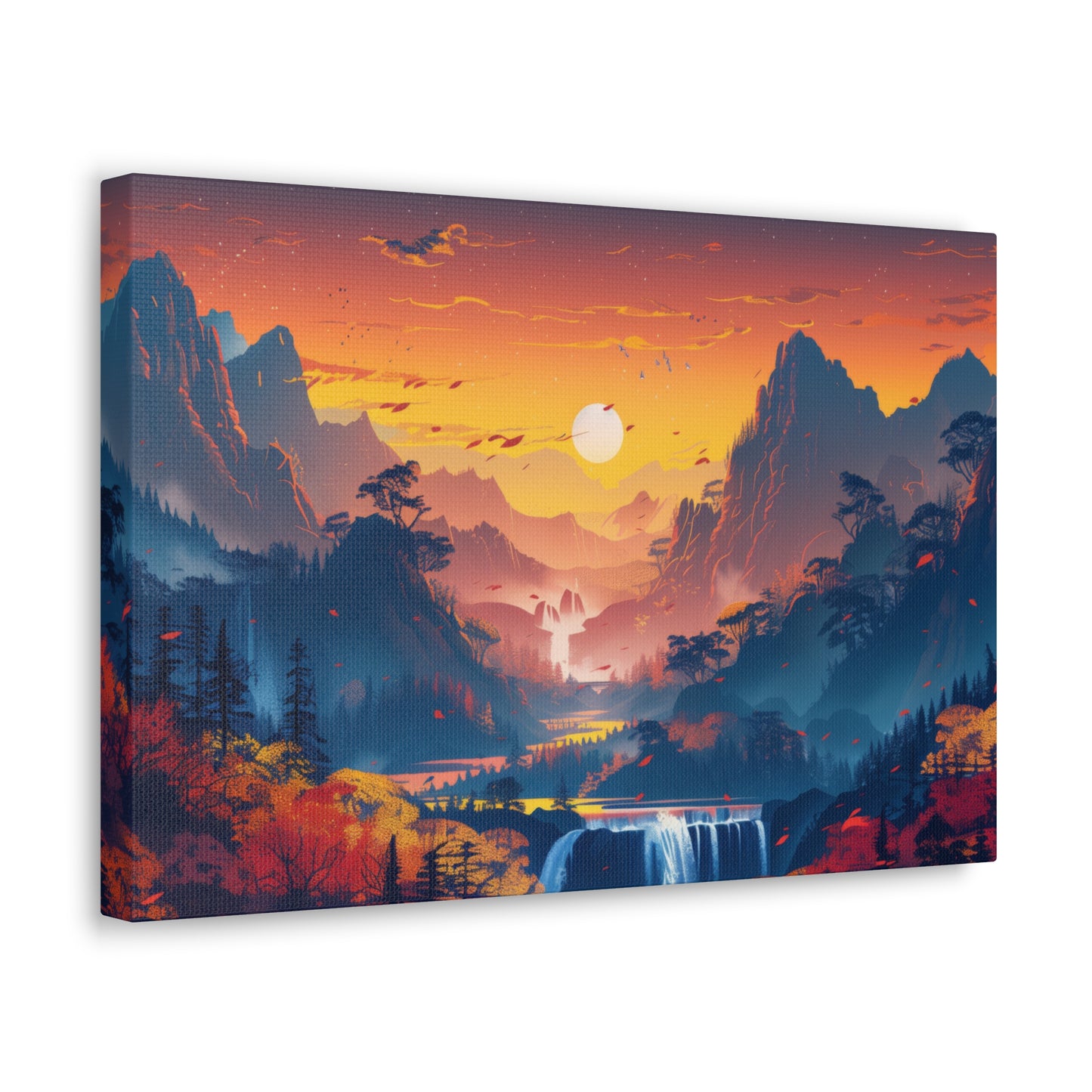 Dreamy Landscape Sunset with Waterfall and Mountains - Digital Illustration Canvas Gallery Wraps