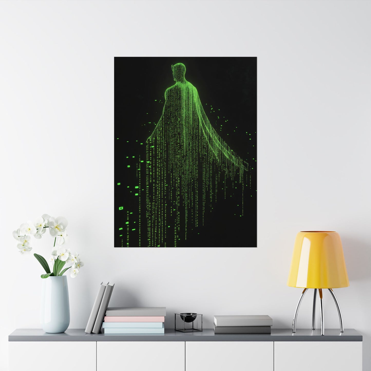 Neon Code Guardian: 3D Glitch Superman Matrix Effect - Digital Illustration Matte Vertical Poster