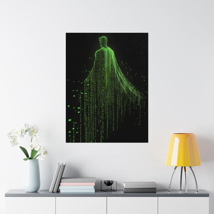 Neon Code Guardian: 3D Glitch Superman Matrix Effect - Digital Illustration Matte Vertical Poster