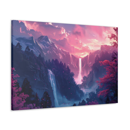 Dreamy Landscape with Waterfall and Mountains - Purple Evening Digital Illustration Canvas Gallery Wraps