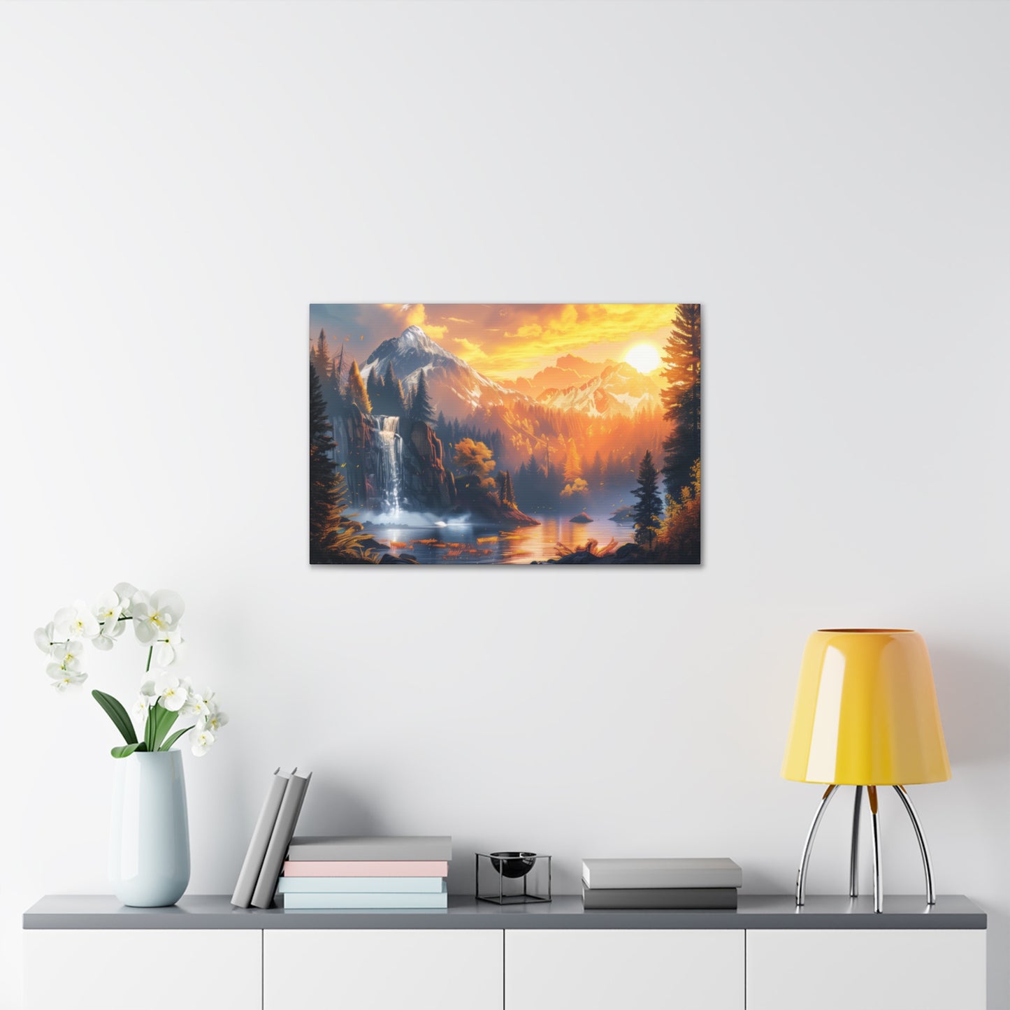 Dreamy Landscape Sunset with Waterfall and Mountains - Digital Illustration Canvas Gallery Wraps