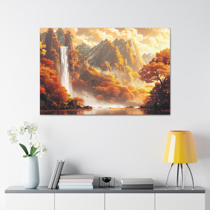 Dreamy Landscape Sunset with Waterfall and Mountains - Digital Illustration Canvas Gallery Wraps