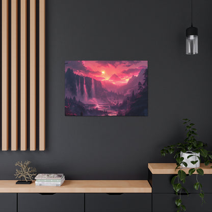 Dreamy Landscape with Waterfall and Mountains - Purple Evening Digital Illustration Canvas Gallery Wraps