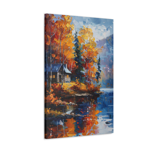 a house near the river which flows through autumn forest - Leonid Afremov Style Digital Print Canvas Gallery Wraps