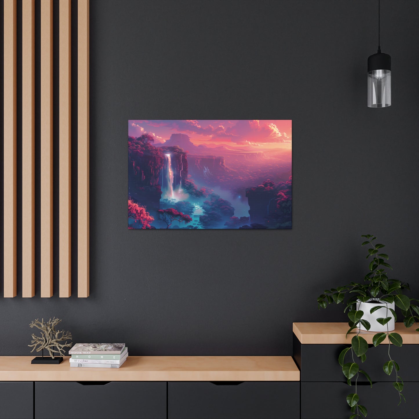 Dreamy Landscape with Waterfall and Mountains - Purple Evening Digital Illustration Canvas Gallery Wraps