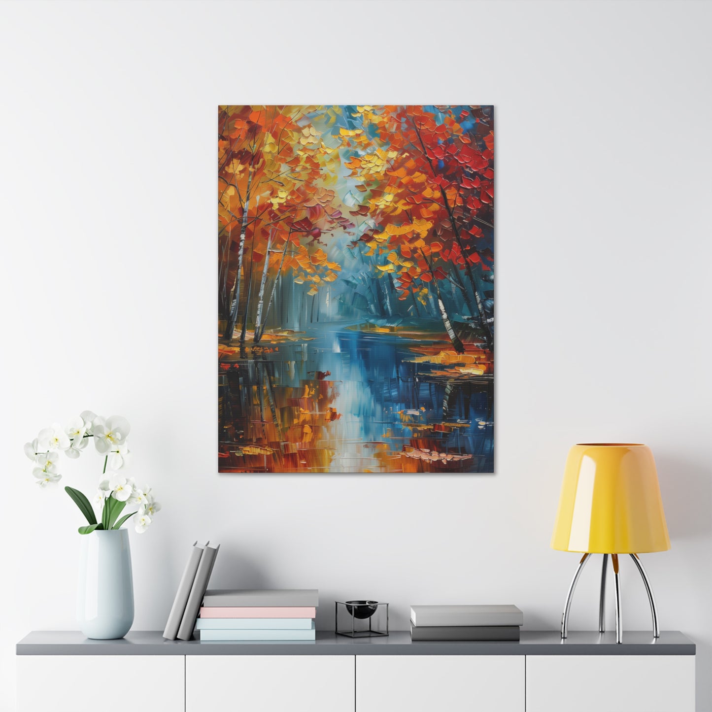 a river flows through autumn forest - Leonid Afremov Style Digital Print Canvas Gallery Wraps