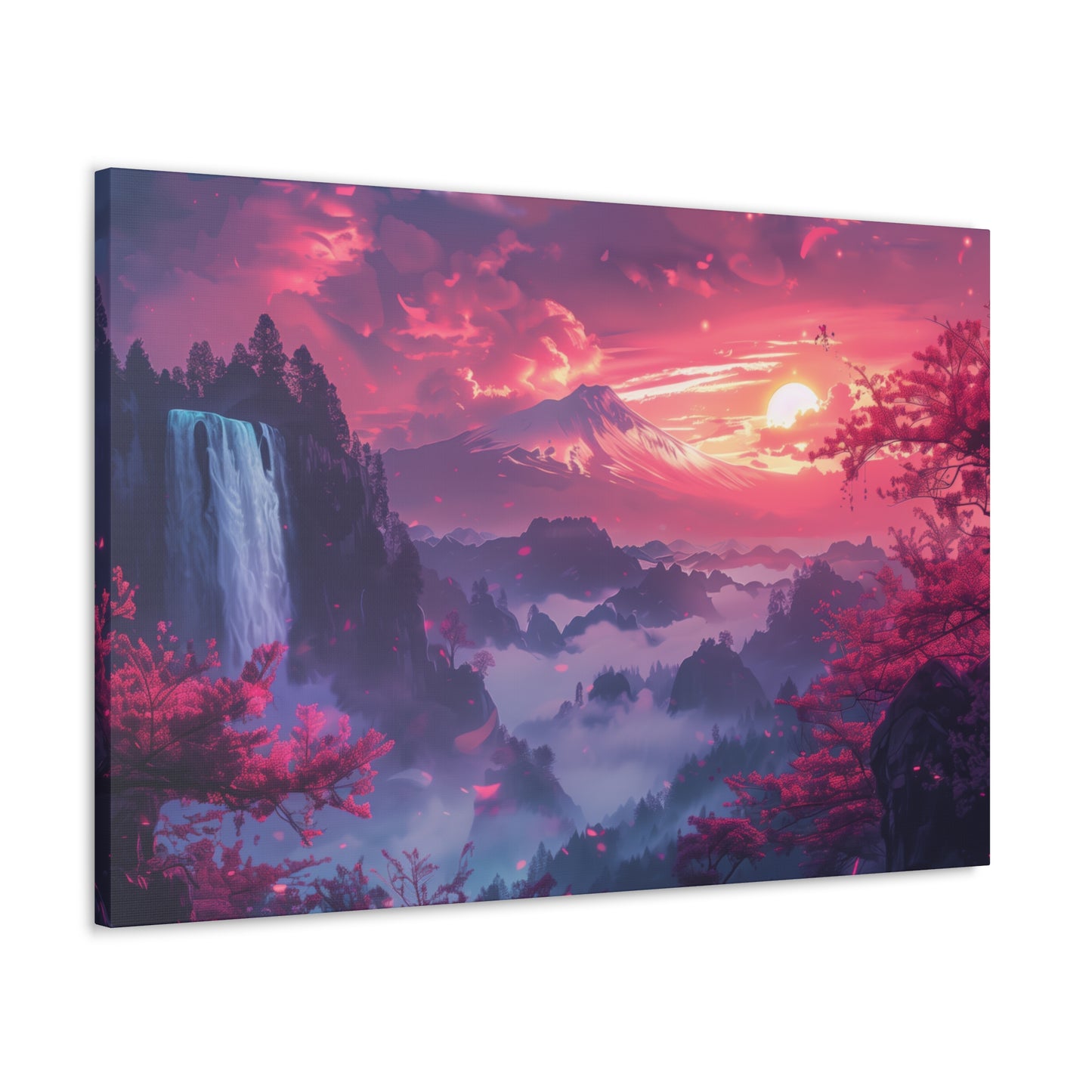 Dreamy Landscape Sunset with Waterfall and Mountains - Digital Illustration Canvas Gallery Wraps