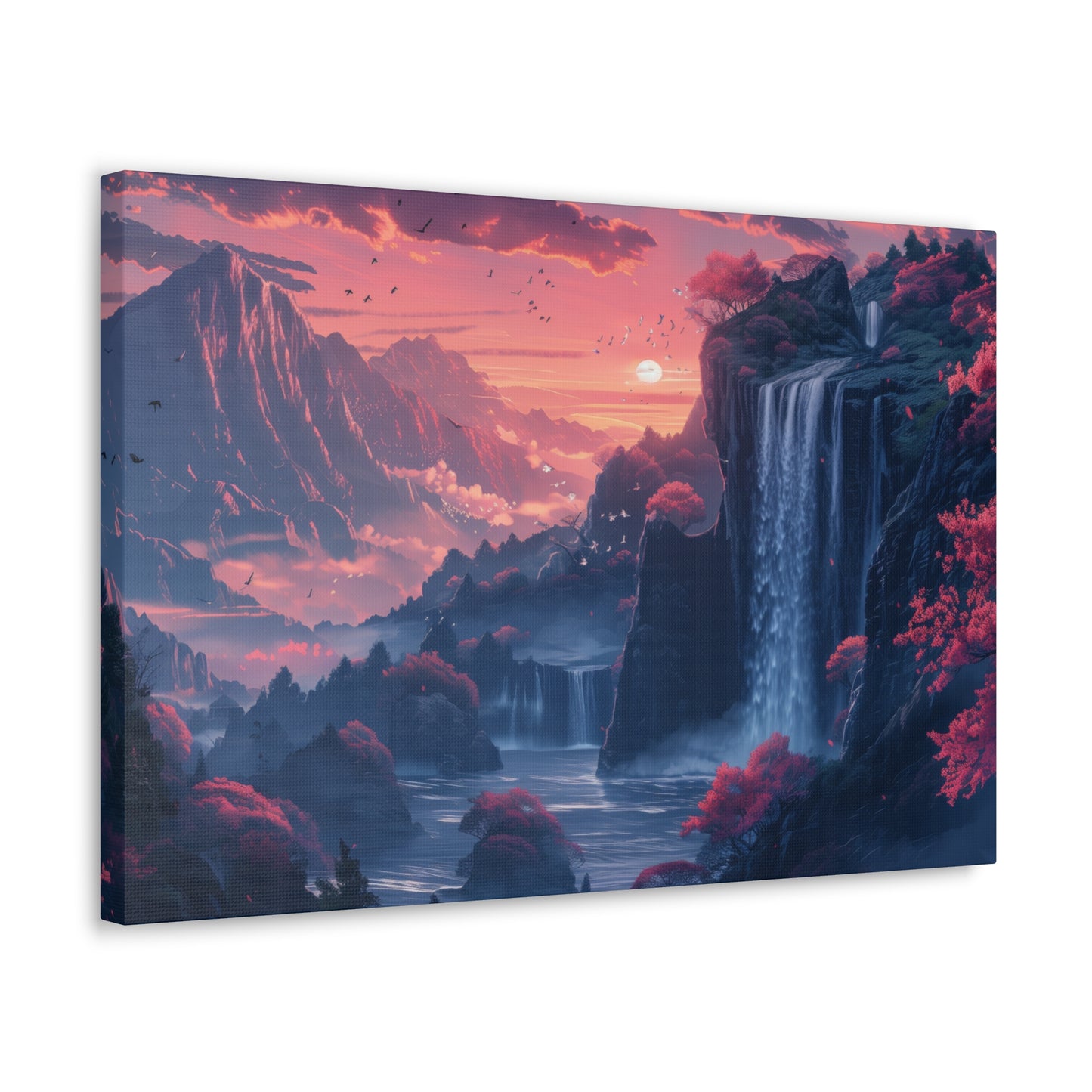 Dreamy Landscape Sunset with Waterfall and Mountains - Digital Illustration Canvas Gallery Wraps