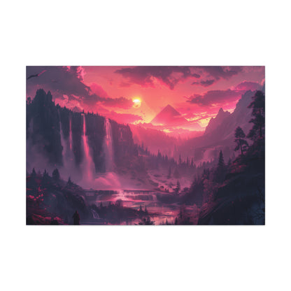 Dreamy Landscape with Waterfall and Mountains - Purple Evening Digital Illustration Canvas Gallery Wraps