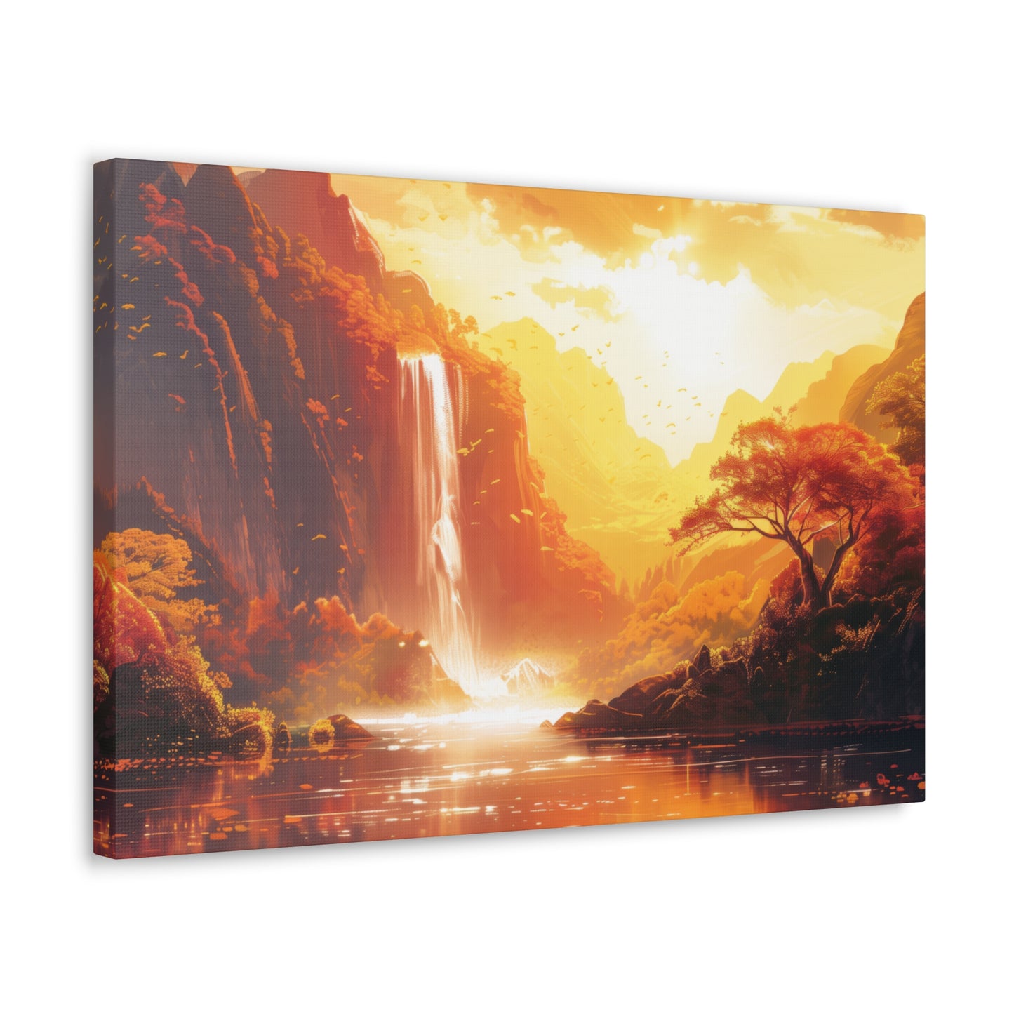 Dreamy Landscape Sunset with Waterfall and Mountains - Digital Illustration Canvas Gallery Wraps