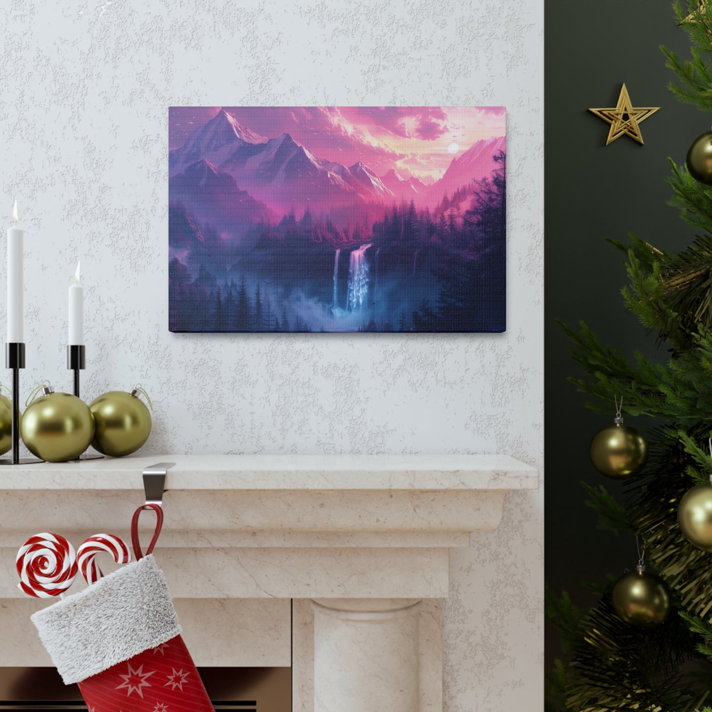 Dreamy Landscape Sunset with Waterfall and Mountains - Digital Illustration Canvas Gallery Wraps