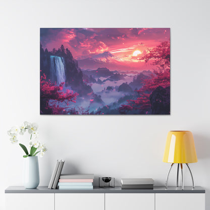 Dreamy Landscape Sunset with Waterfall and Mountains - Digital Illustration Canvas Gallery Wraps