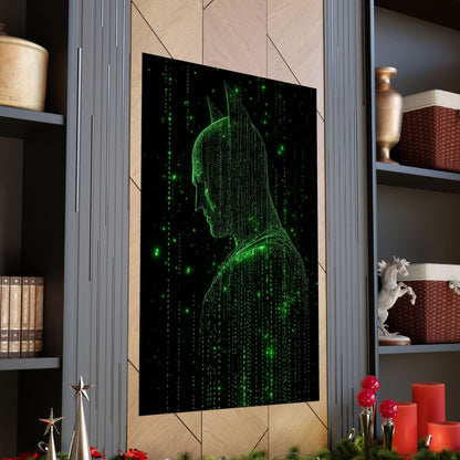 Neon Code Vigilante: 3D Glitch Batman Matrix Effect - Digital Illustration Matte Vertical Poster