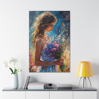 girl holding a flower bouquet - Leonid Afremov Style Digital Print Canvas Gallery Wraps