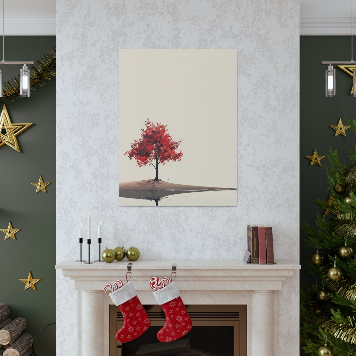 Lone Tree with Red Leaves - Portrait Illustration Canvas Gallery Wraps