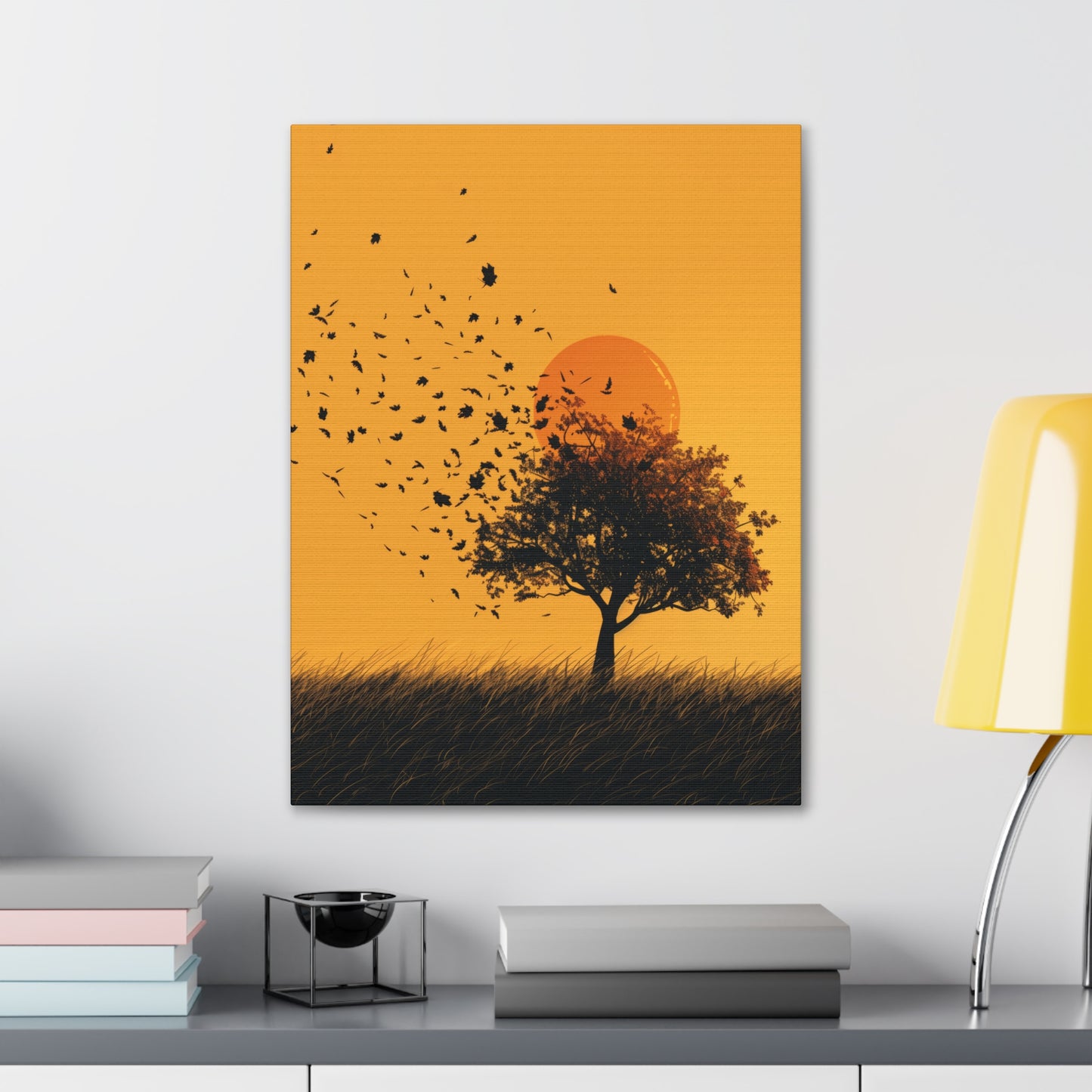 Leafless Tree in a Golden Sunset Digital Illustration Canvas Gallery Wraps