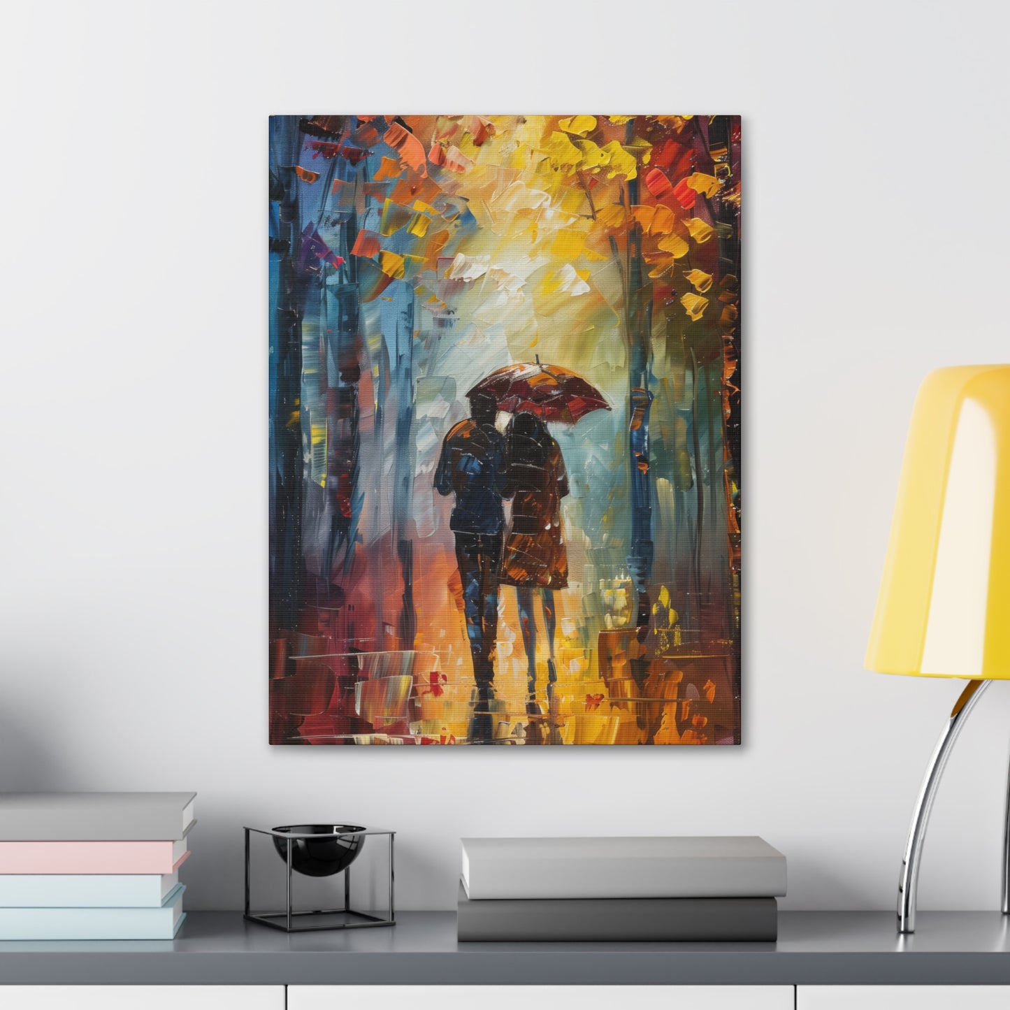 Couple Walking in the Street with Umbrella - Leonid Afremov Style Digital Oil Painting Canvas Gallery Wraps