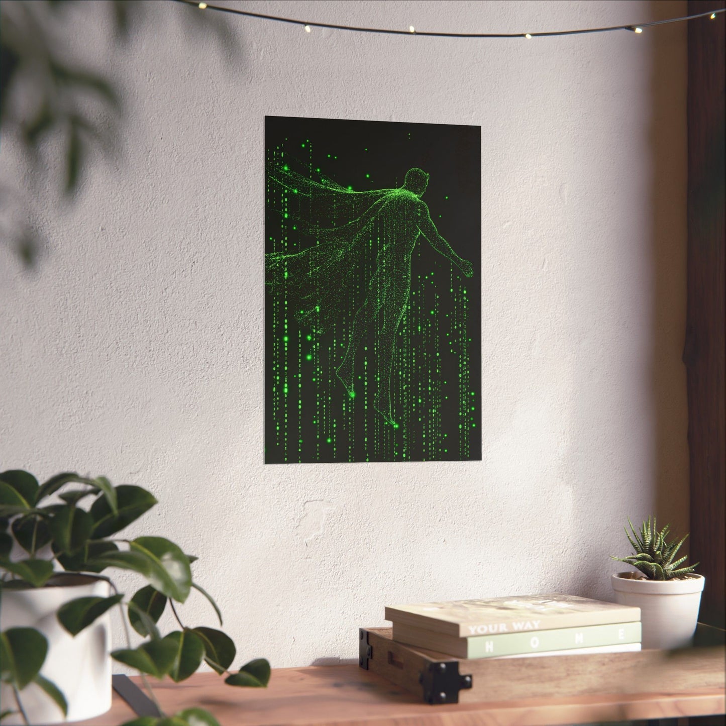 Neon Code Guardian: 3D Glitch Superman Matrix Effect - Digital Illustration Matte Vertical Poster